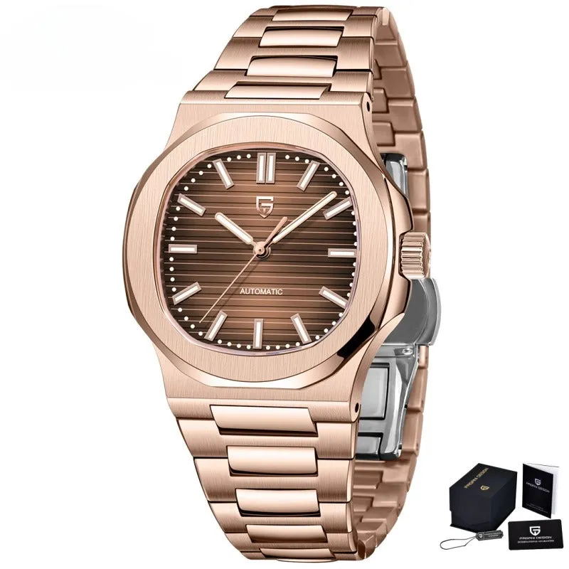 Men's stainless steel automatic waterproof barrel-shaped wristwatch, 14mm thickness, business style, blue dial and rose gold case