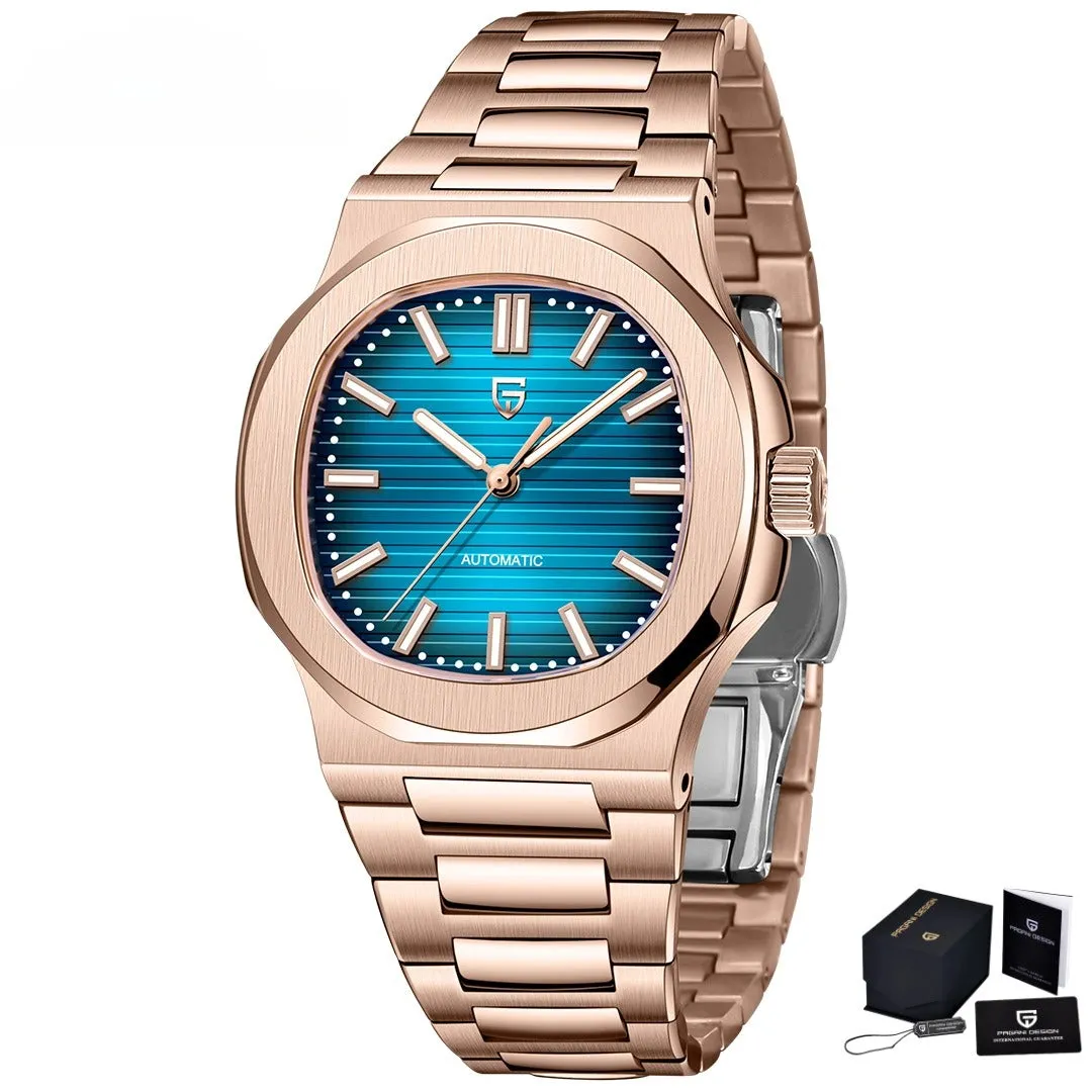 Men's stainless steel automatic waterproof barrel-shaped wristwatch, 14mm thickness, business style, blue dial and rose gold case