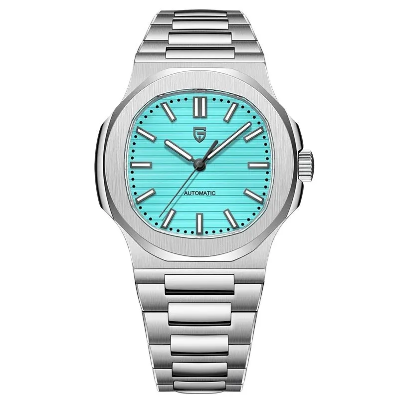 Men's stainless steel automatic waterproof barrel-shaped wristwatch, 14mm thickness, business style, blue dial and rose gold case