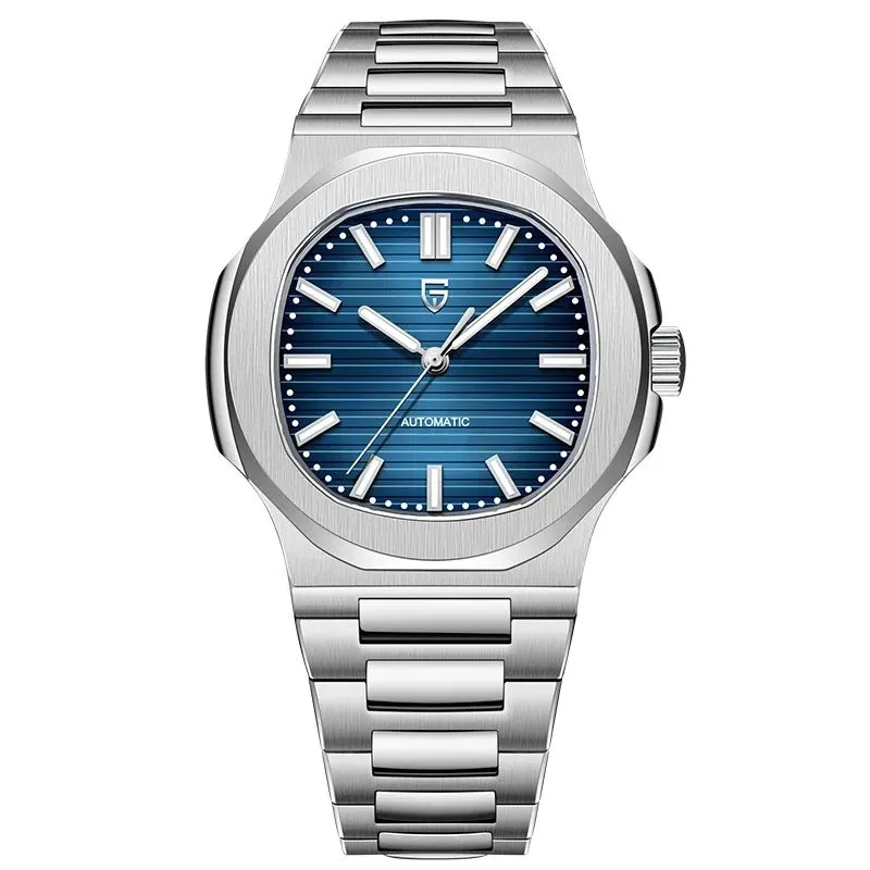 Men's stainless steel automatic waterproof barrel-shaped wristwatch, 14mm thickness, business style, blue dial and rose gold case