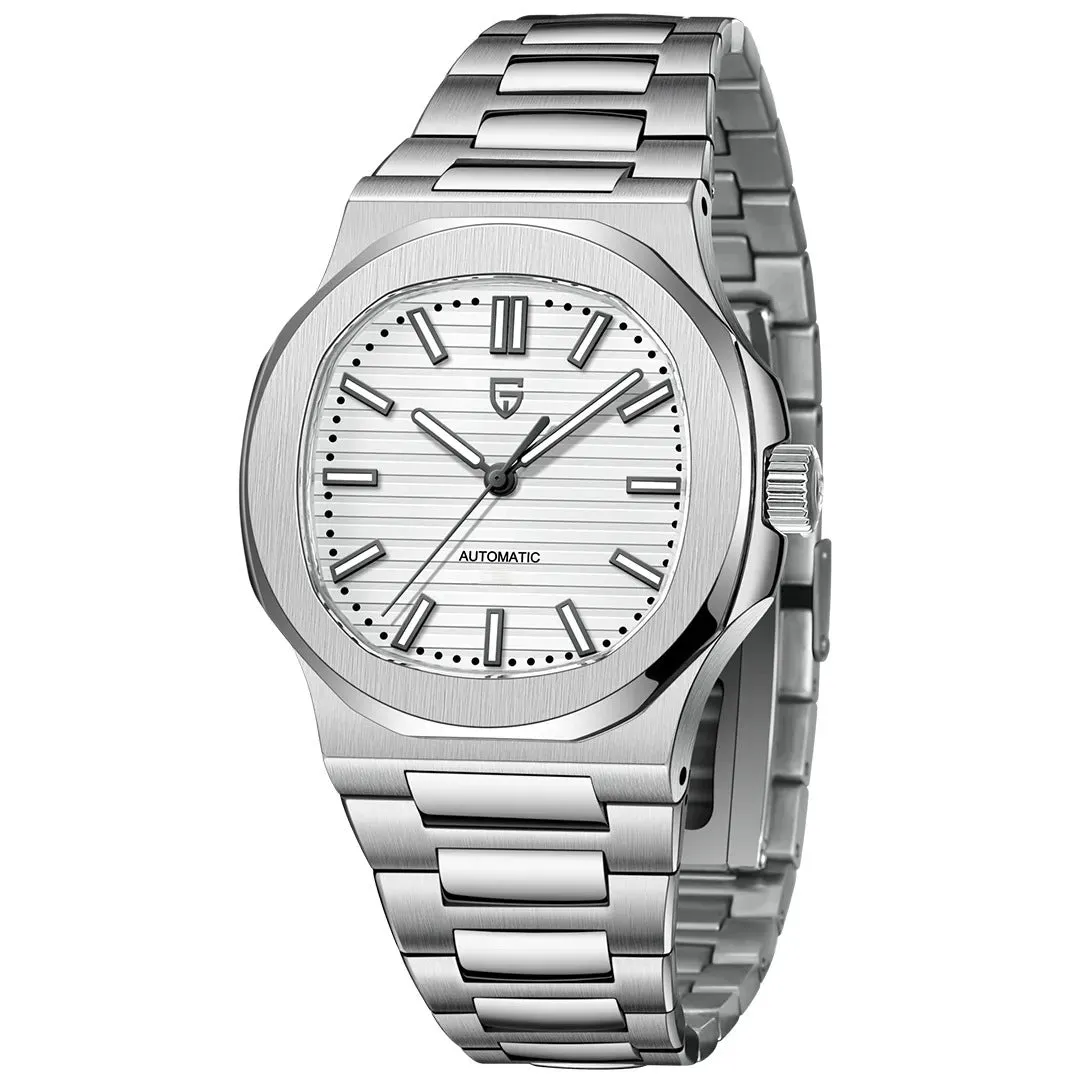 Men's stainless steel automatic waterproof barrel-shaped wristwatch, 14mm thickness, business style, blue dial and rose gold case