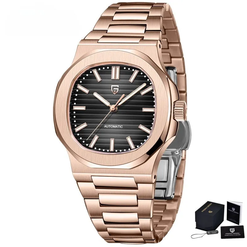 Men's stainless steel automatic waterproof barrel-shaped wristwatch, 14mm thickness, business style, blue dial and rose gold case