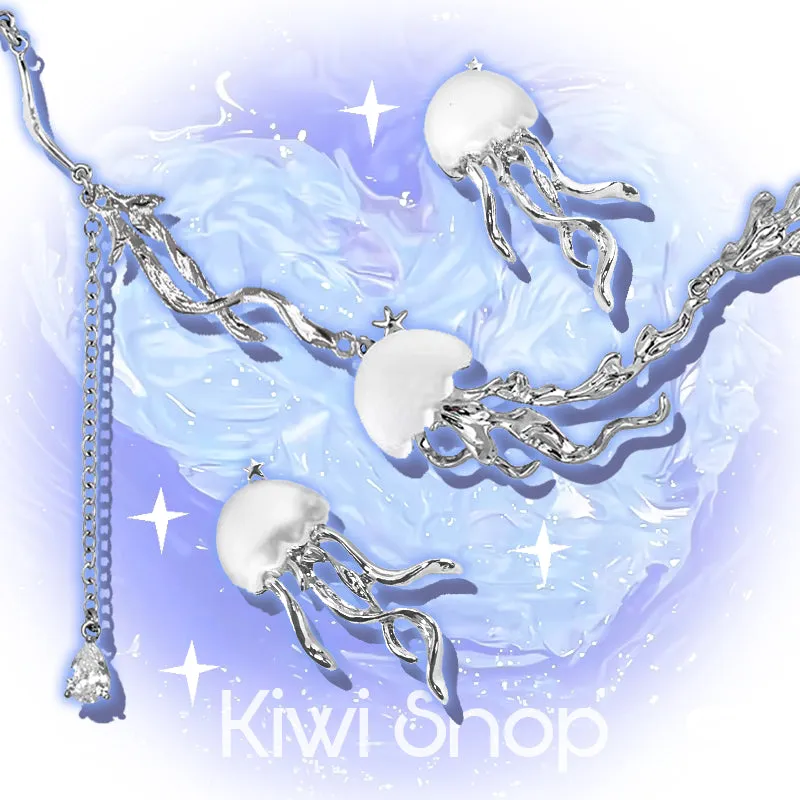 Frosted jellyfish pendant necklace and earrings in multiple colour options on a white background