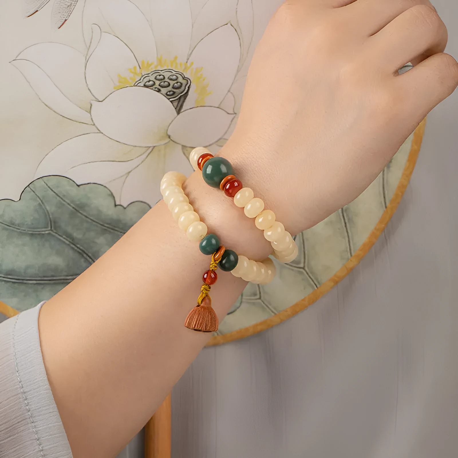 Cream topaz wooden bodhi bracelet with 6 by 9mm flat round beads for women