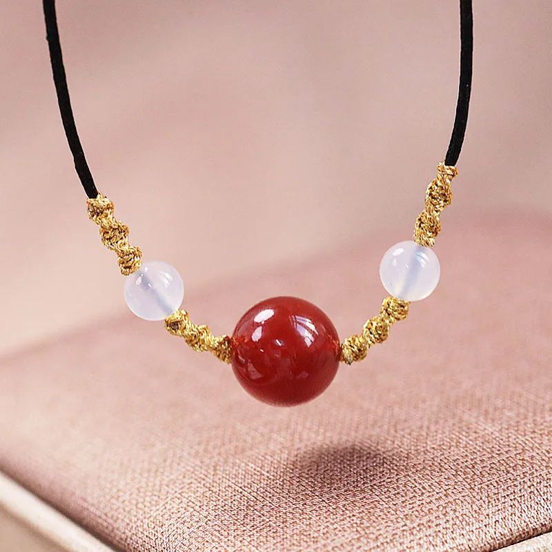 Hand-woven red agate bracelet and necklace set for women in national style.
