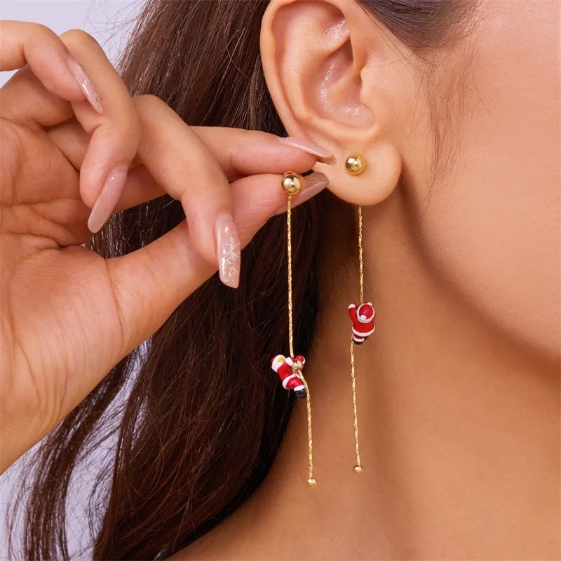 Crawling Santa tassel long asymmetric snowflake earrings in zinc alloy with inlaid diamonds for women