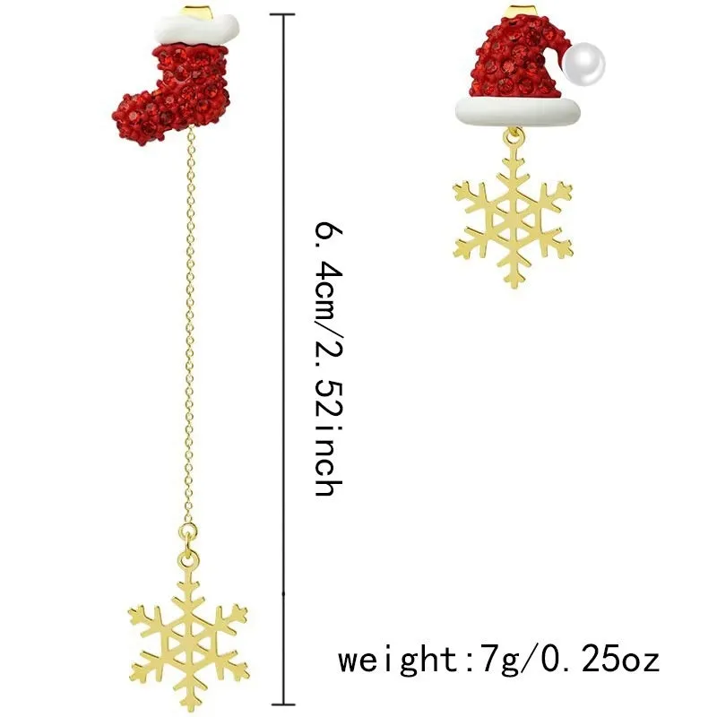 Crawling Santa tassel long asymmetric snowflake earrings in zinc alloy with inlaid diamonds for women