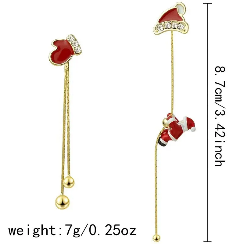 Crawling Santa tassel long asymmetric snowflake earrings in zinc alloy with inlaid diamonds for women