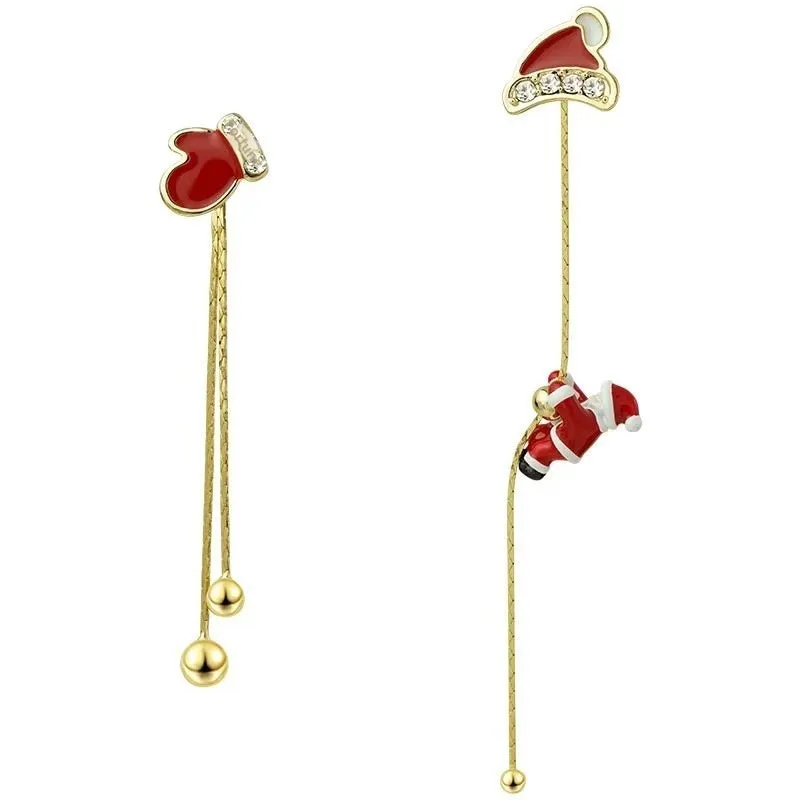 Crawling Santa tassel long asymmetric snowflake earrings in zinc alloy with inlaid diamonds for women
