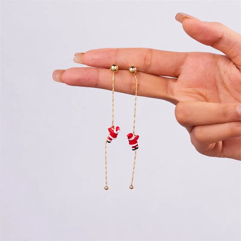 Crawling Santa tassel long asymmetric snowflake earrings in zinc alloy with inlaid diamonds for women