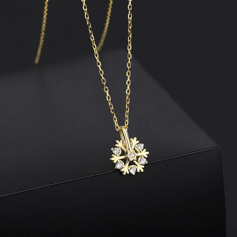 Pure silver rotating snowflake necklace with electroplated finish on adjustable cross chain for women