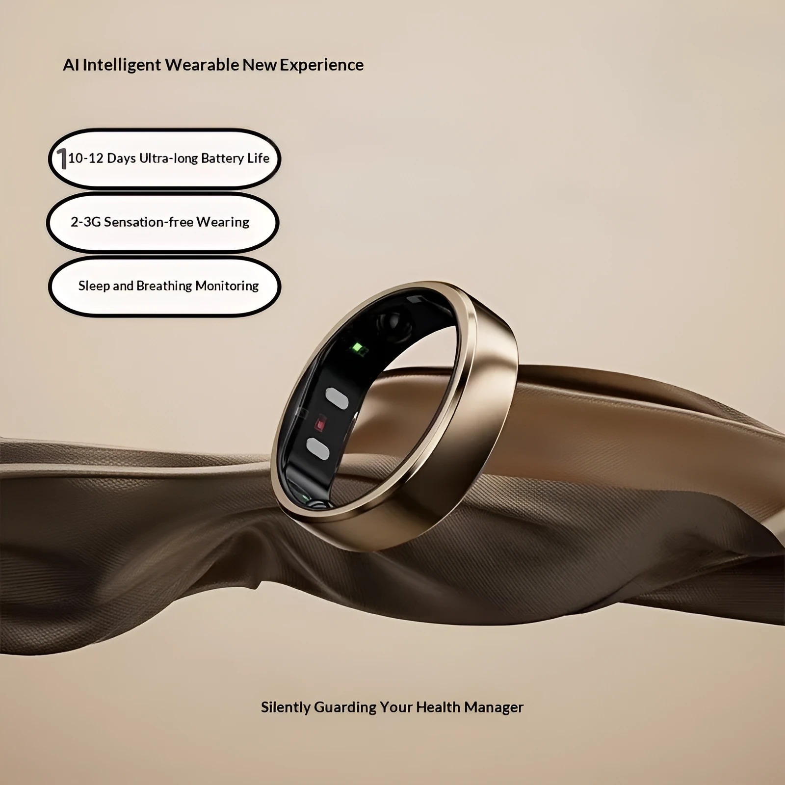 Personality multifunctional Bluetooth smart AI ring in Black, Gold, and Silver with heart rate monitoring touch screen
