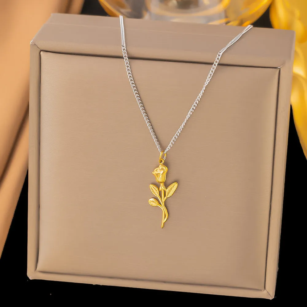 Titanium steel rose necklace set in gold with matching earrings on O-link chain, simple sweet style