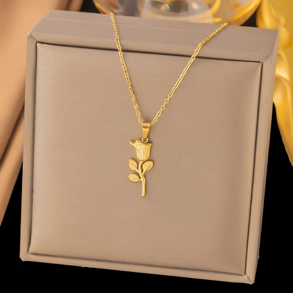 Titanium steel rose necklace set in gold with matching earrings on O-link chain, simple sweet style