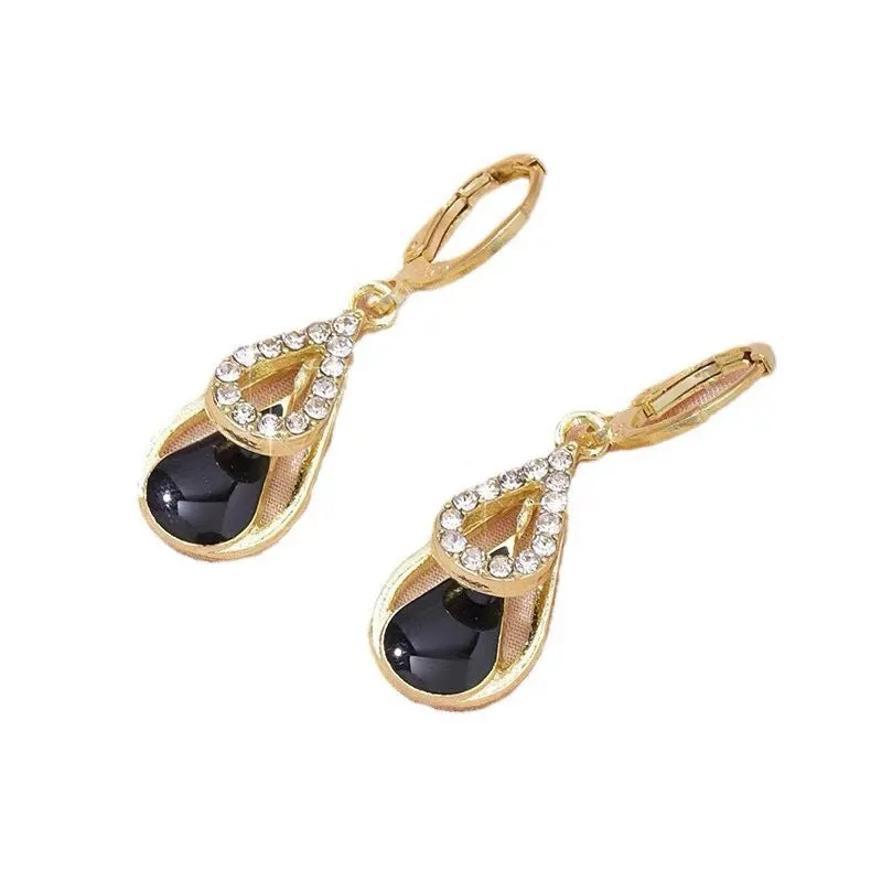 Light luxury diamond-inlaid drop hollow double-layer earrings in black oil drop colour for women