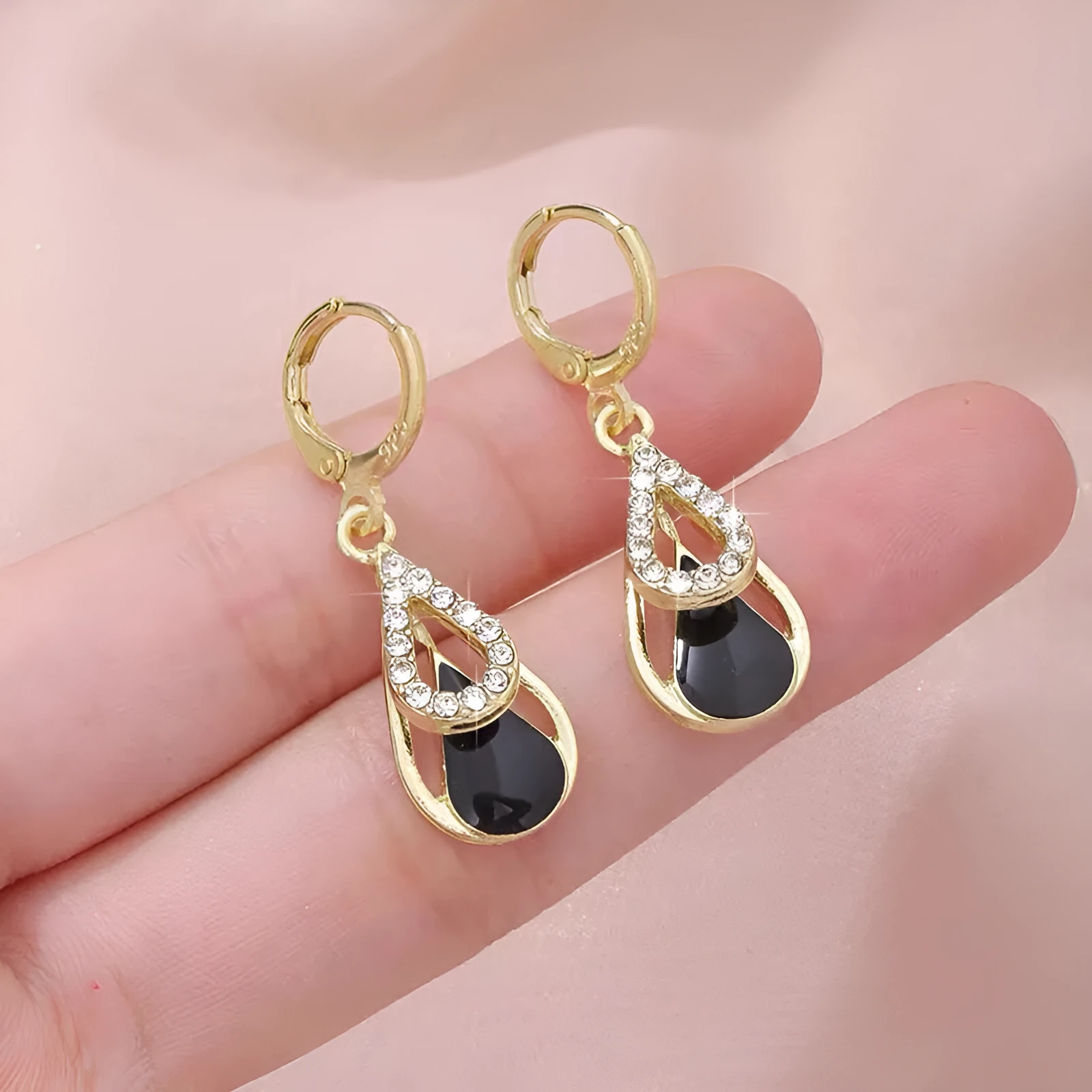 Light luxury diamond-inlaid drop hollow double-layer earrings in black oil drop colour for women