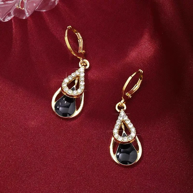 Light luxury diamond-inlaid drop hollow double-layer earrings in black oil drop colour for women