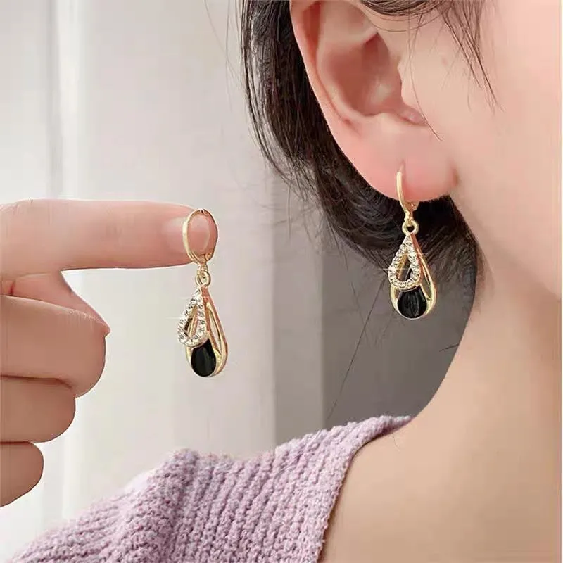 Light luxury diamond-inlaid drop hollow double-layer earrings in black oil drop colour for women