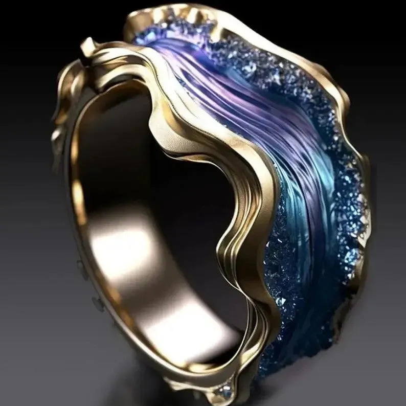 Fashion wave oil drop diamond inlaid alloy ring for women, geometric quadrilateral shape, European American style