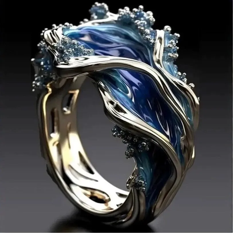 Fashion wave oil drop diamond inlaid alloy ring for women, geometric quadrilateral shape, European American style