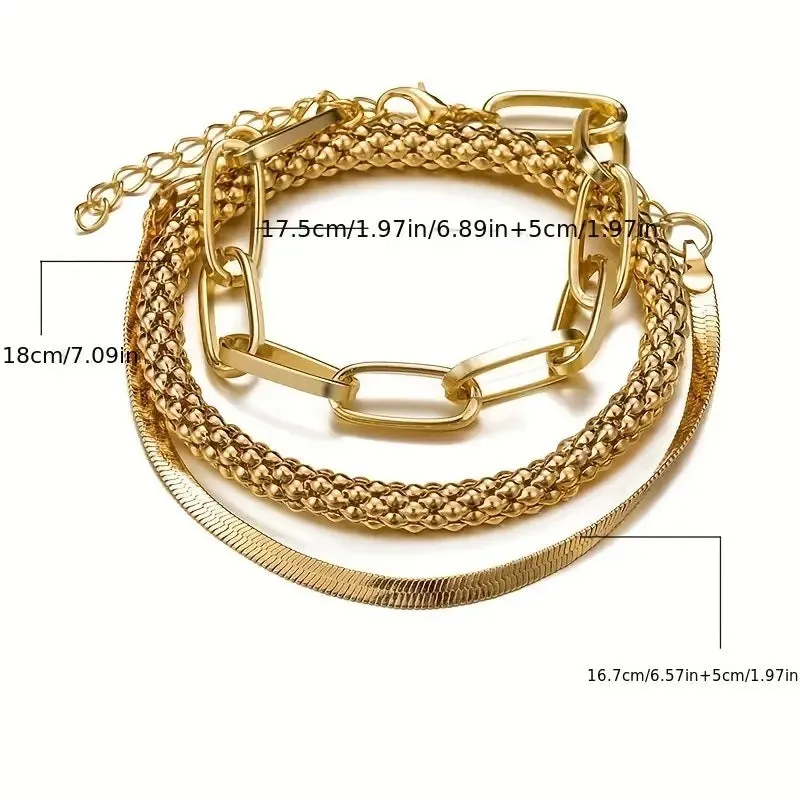 Set of three alloy snake bone chain bracelets in retro geometric design with electroplated gold finish