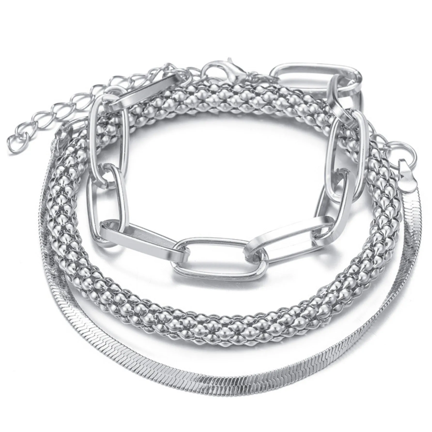 Set of three alloy snake bone chain bracelets in retro geometric design with electroplated gold finish