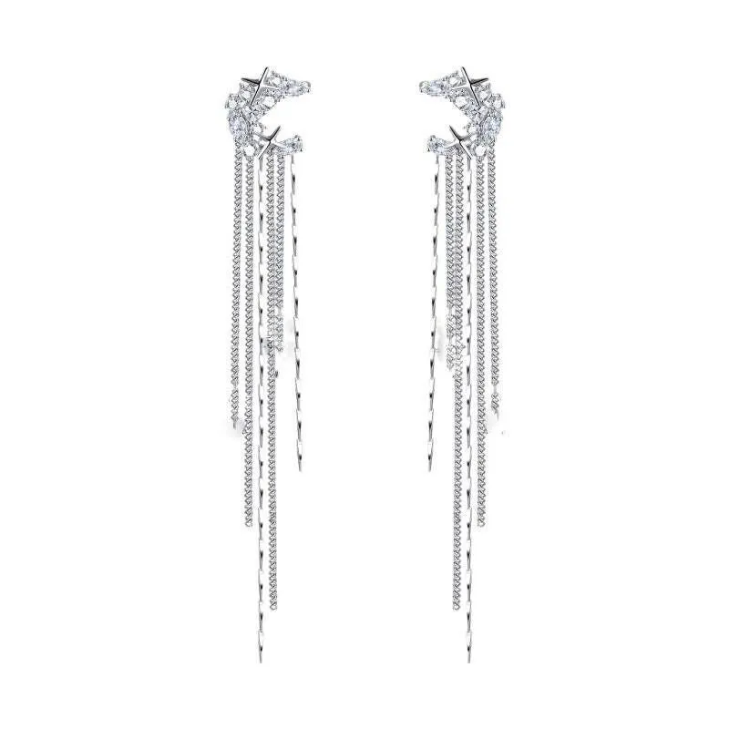 Moon zircon long tassel chain earrings without ear holes, U-shaped alloy ear clips, sweet and cool style for women