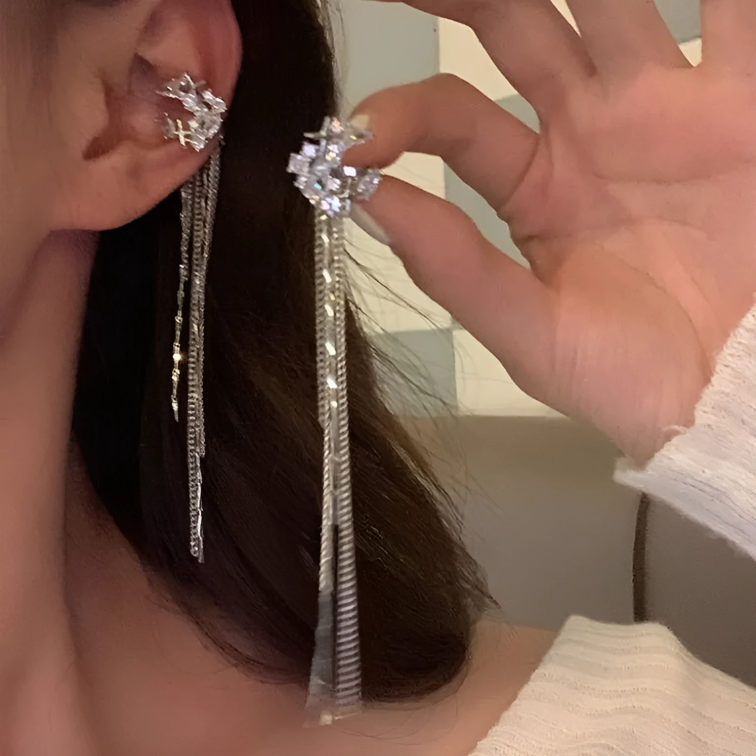 Moon zircon long tassel chain earrings without ear holes, U-shaped alloy ear clips, sweet and cool style for women