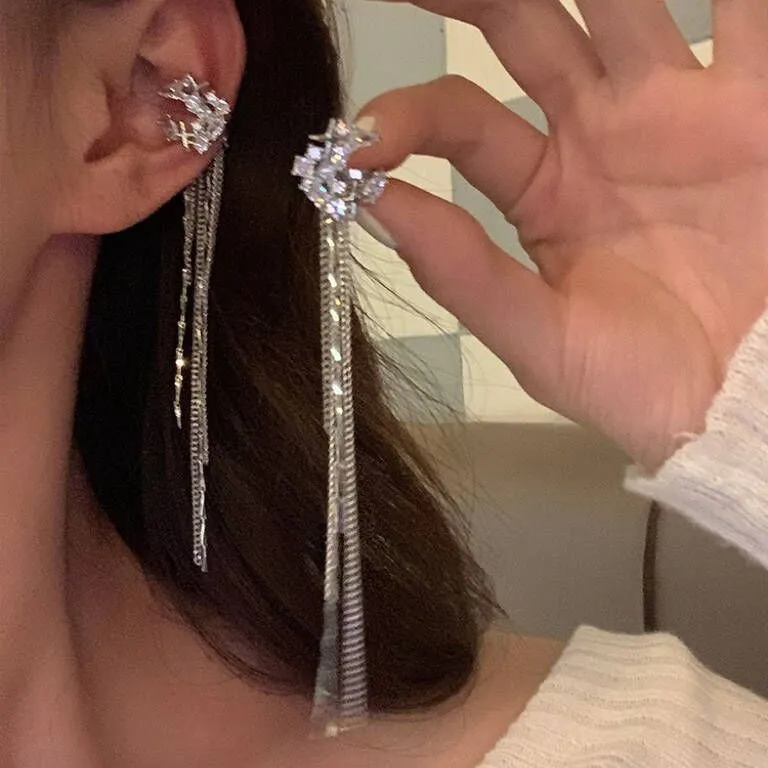 Moon zircon long tassel chain earrings without ear holes, U-shaped alloy ear clips, sweet and cool style for women