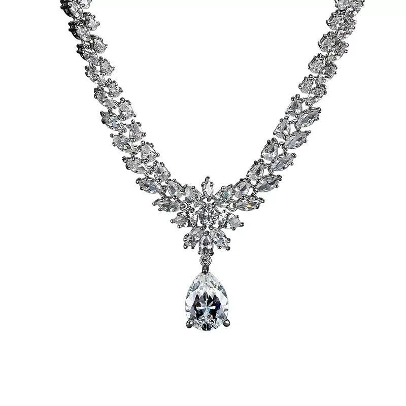 Simulated moissanite pendant necklace and earring set white K gold tone copper base