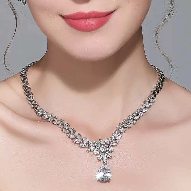 Simulated moissanite pendant necklace and earring set white K gold tone copper base