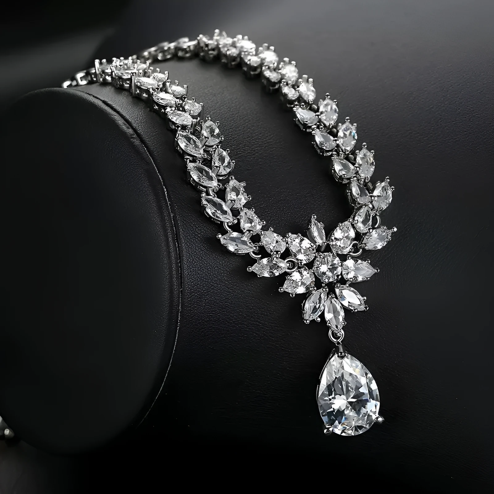 Simulated moissanite pendant necklace and earring set white K gold tone copper base