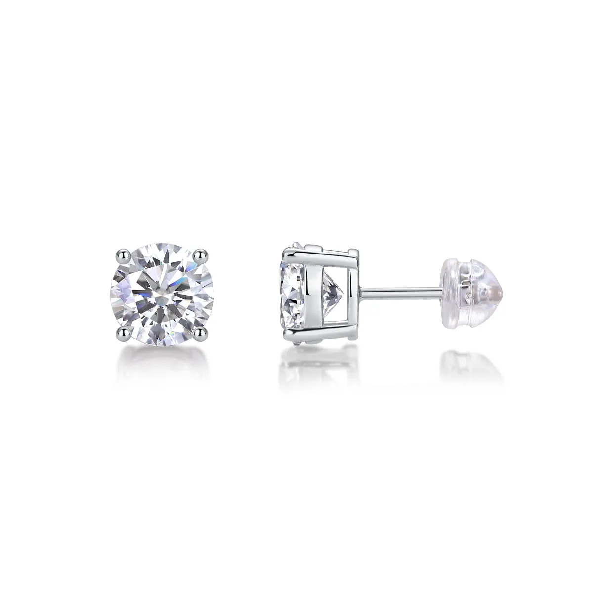 Pair of moissanite stud earrings with platinum-plated S925 silver settings, on a gift box, available in black or transparent stones