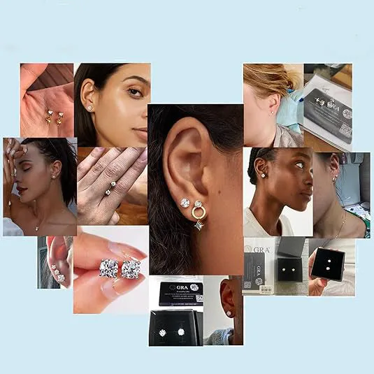 Pair of moissanite stud earrings with platinum-plated S925 silver settings, on a gift box, available in black or transparent stones
