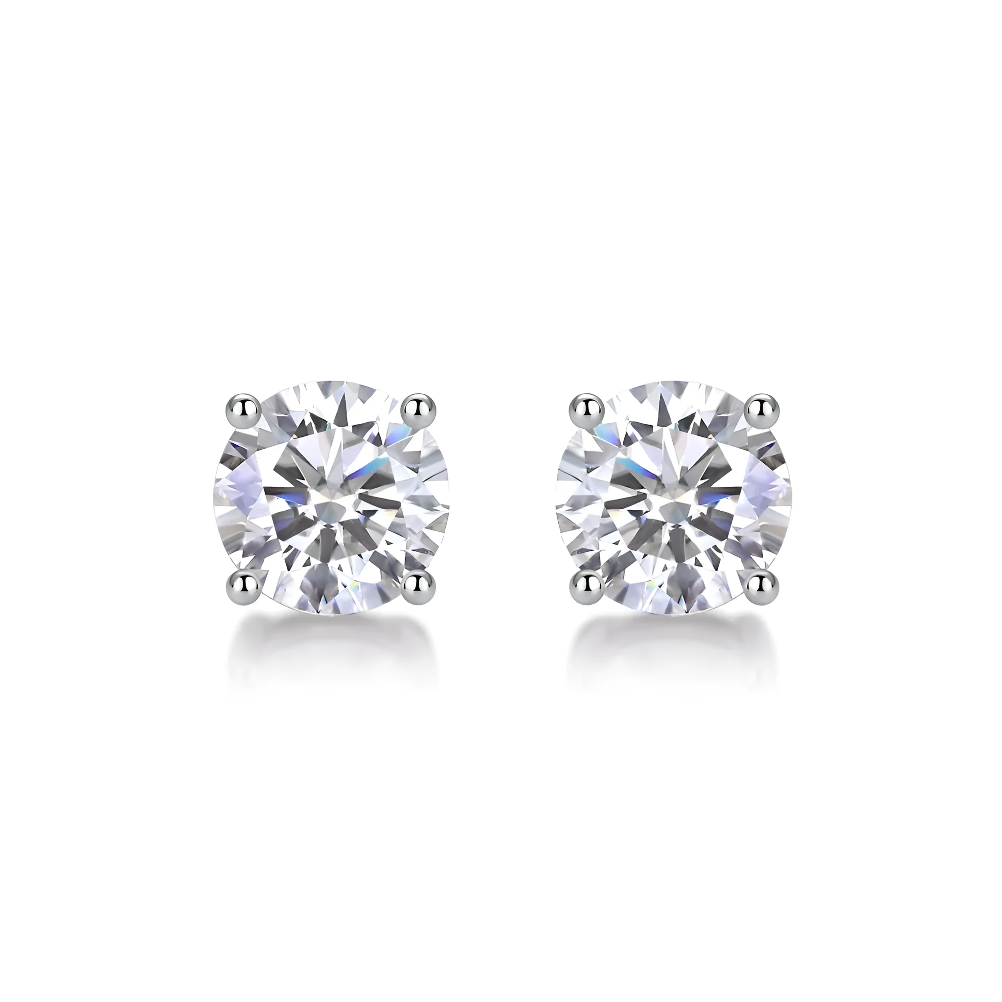 Pair of moissanite stud earrings with platinum-plated S925 silver settings, on a gift box, available in black or transparent stones