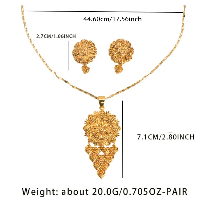 Bride's 24k gold-plated copper necklace and earrings jewelry set two-piece yellow gold tone