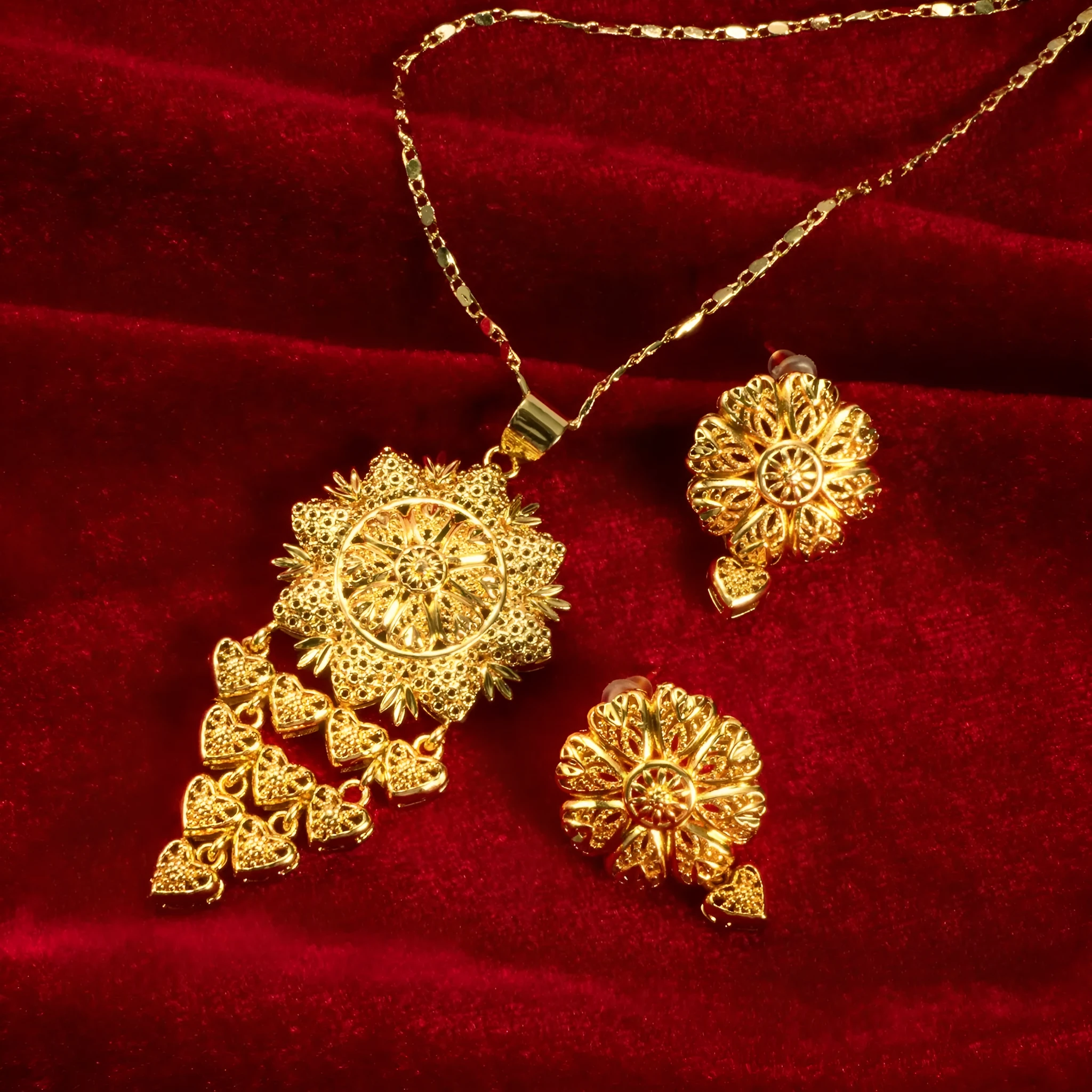 Bride's 24k gold-plated copper necklace and earrings jewelry set two-piece yellow gold tone