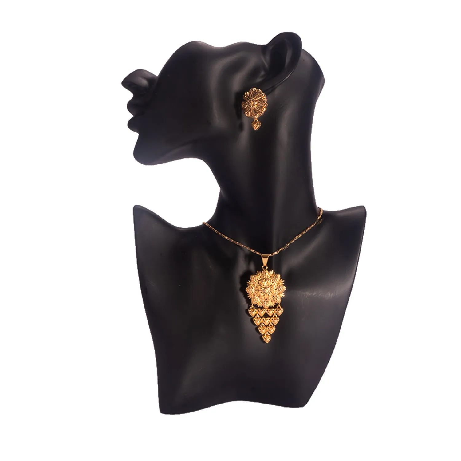 Bride's 24k gold-plated copper necklace and earrings jewelry set two-piece yellow gold tone