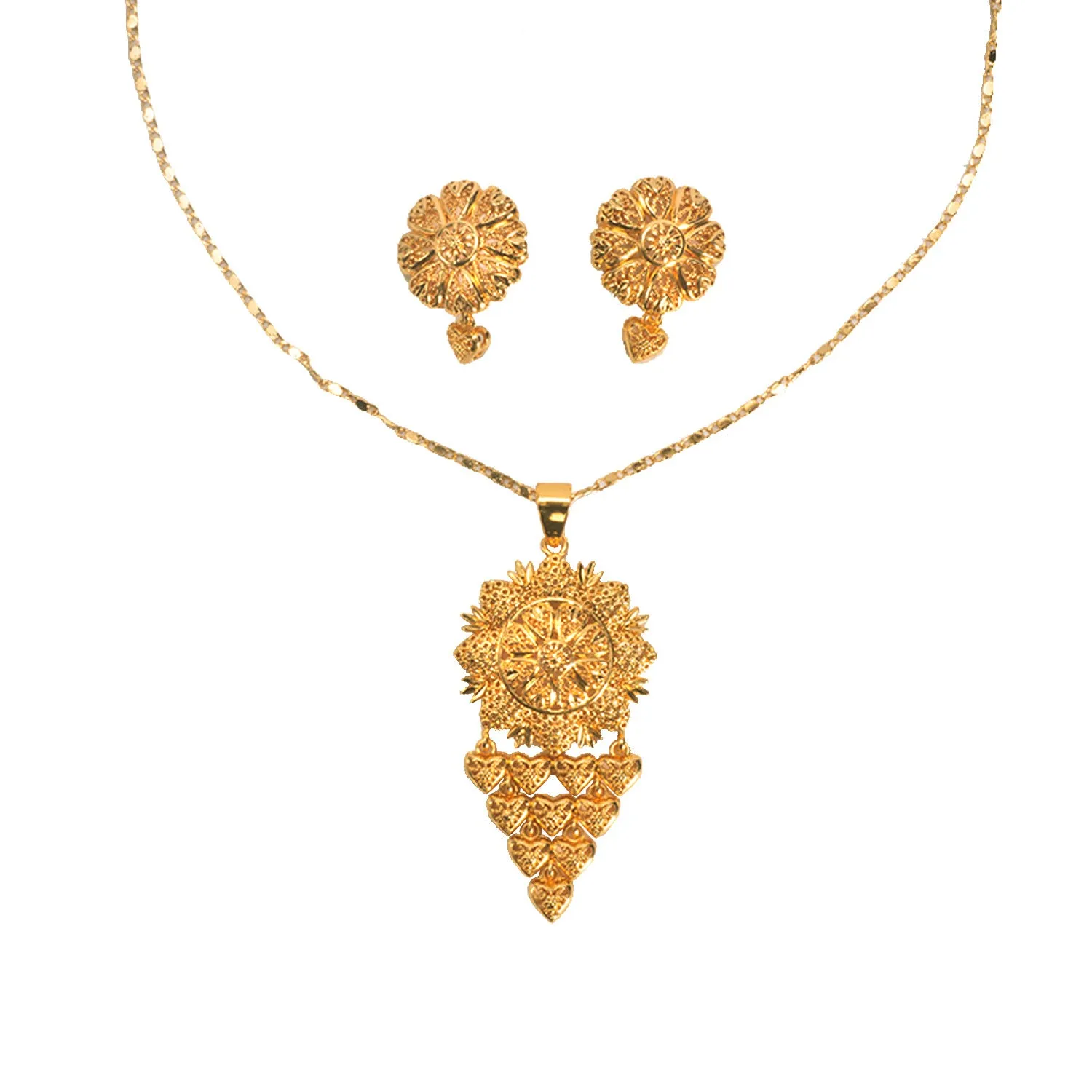 Bride's 24k gold-plated copper necklace and earrings jewelry set two-piece yellow gold tone