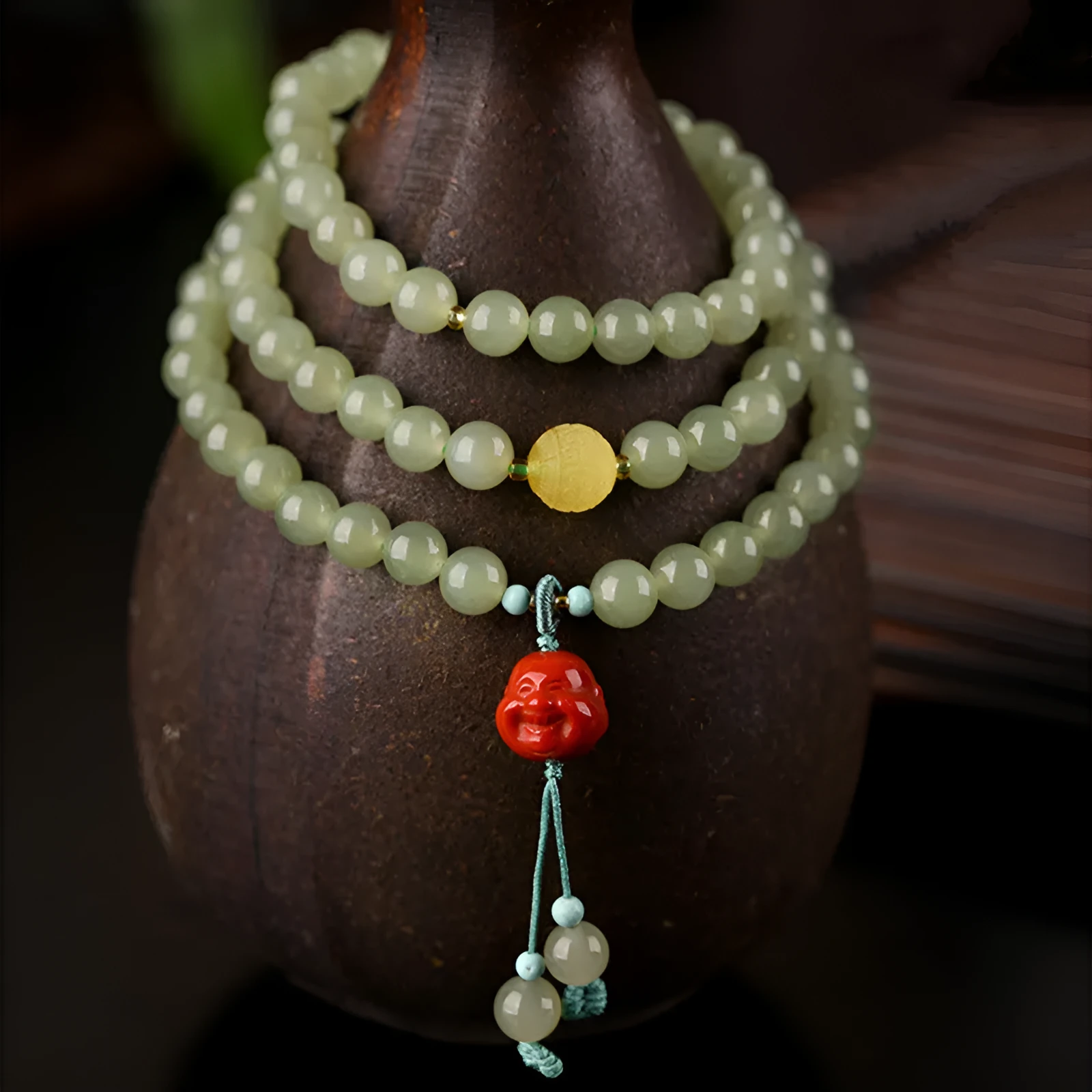 Pale blue Hetian jade bracelet with three circle design on wrist