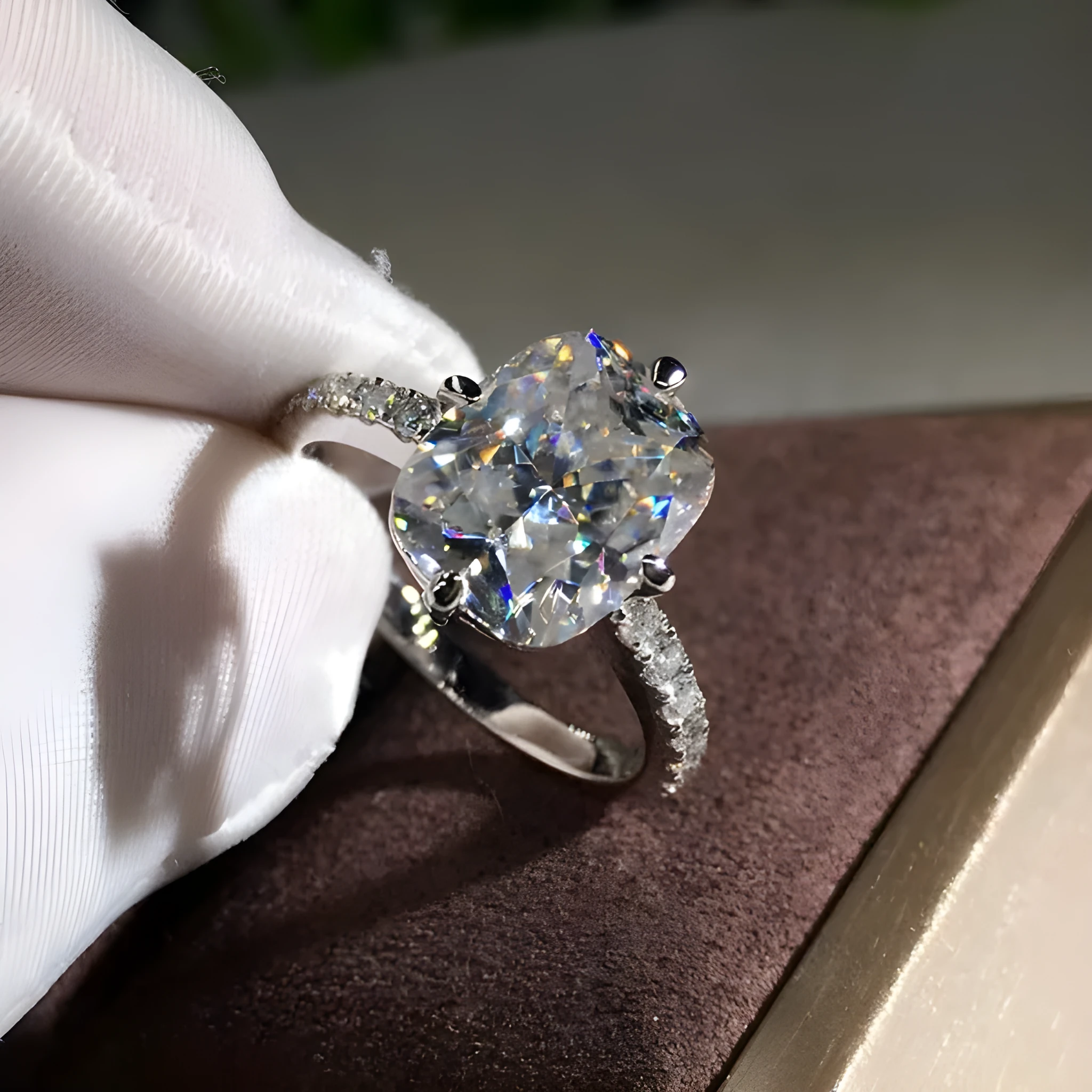 Women's moissanite four-prong princess cut ring in white gold colour on copper band, size no.7
