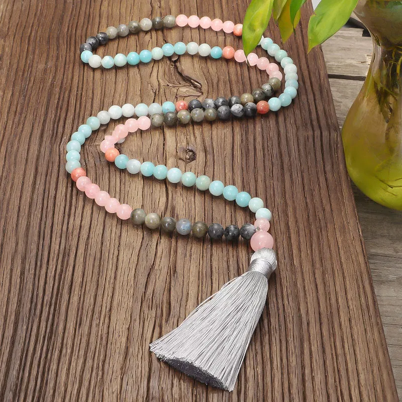Bohemian style colourful stone bead necklace and bracelet set with tassel pendants