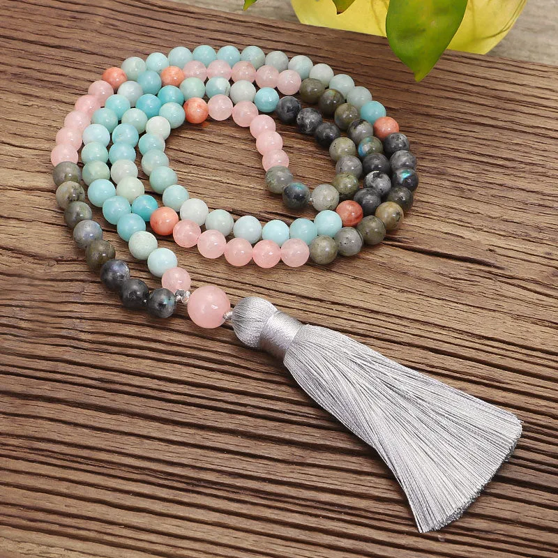Bohemian style colourful stone bead necklace and bracelet set with tassel pendants