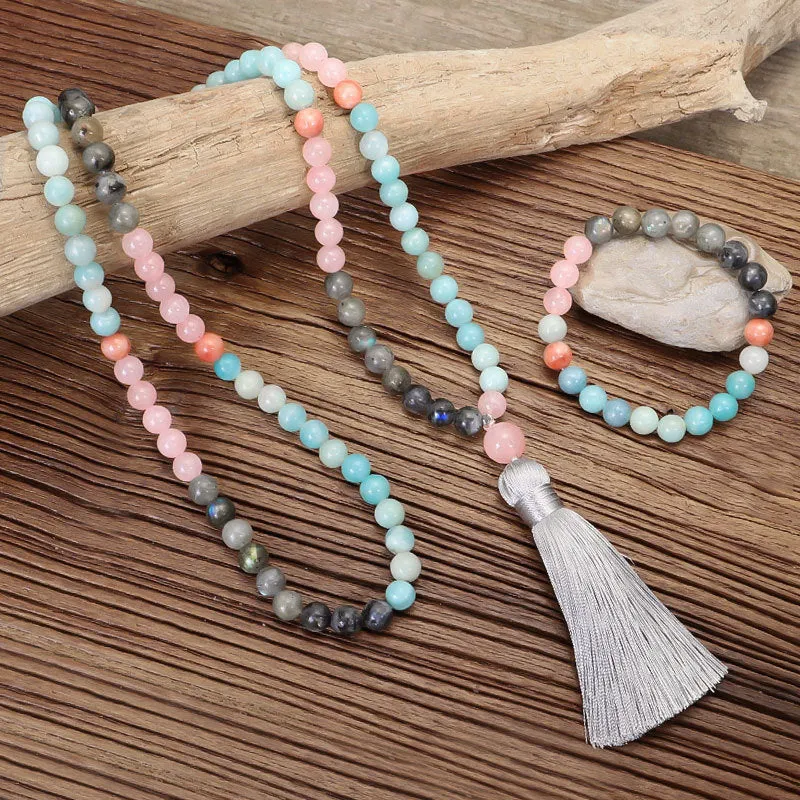 Bohemian style colourful stone bead necklace and bracelet set with tassel pendants