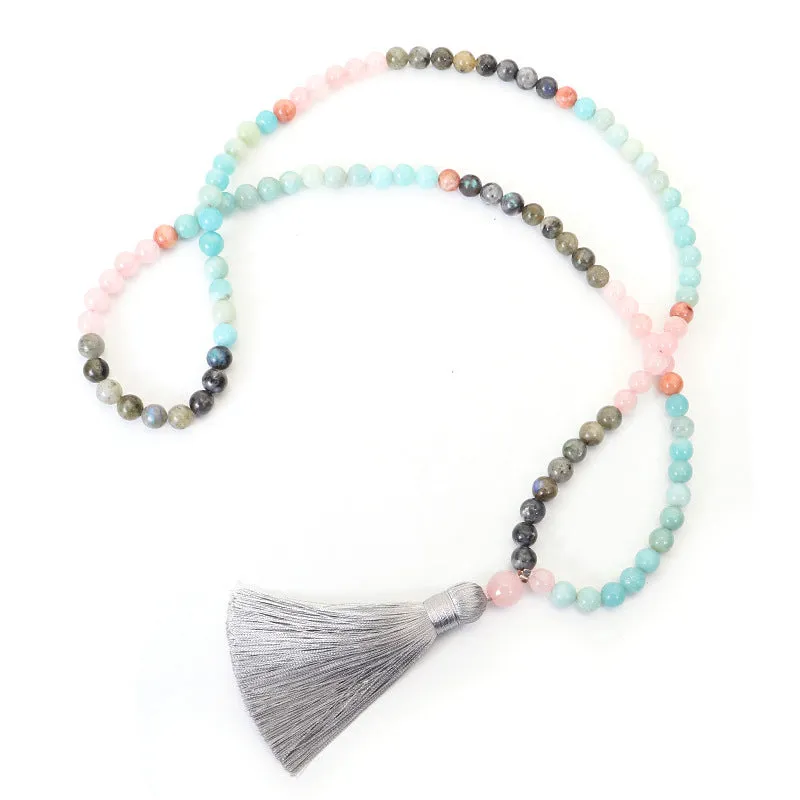Bohemian style colourful stone bead necklace and bracelet set with tassel pendants