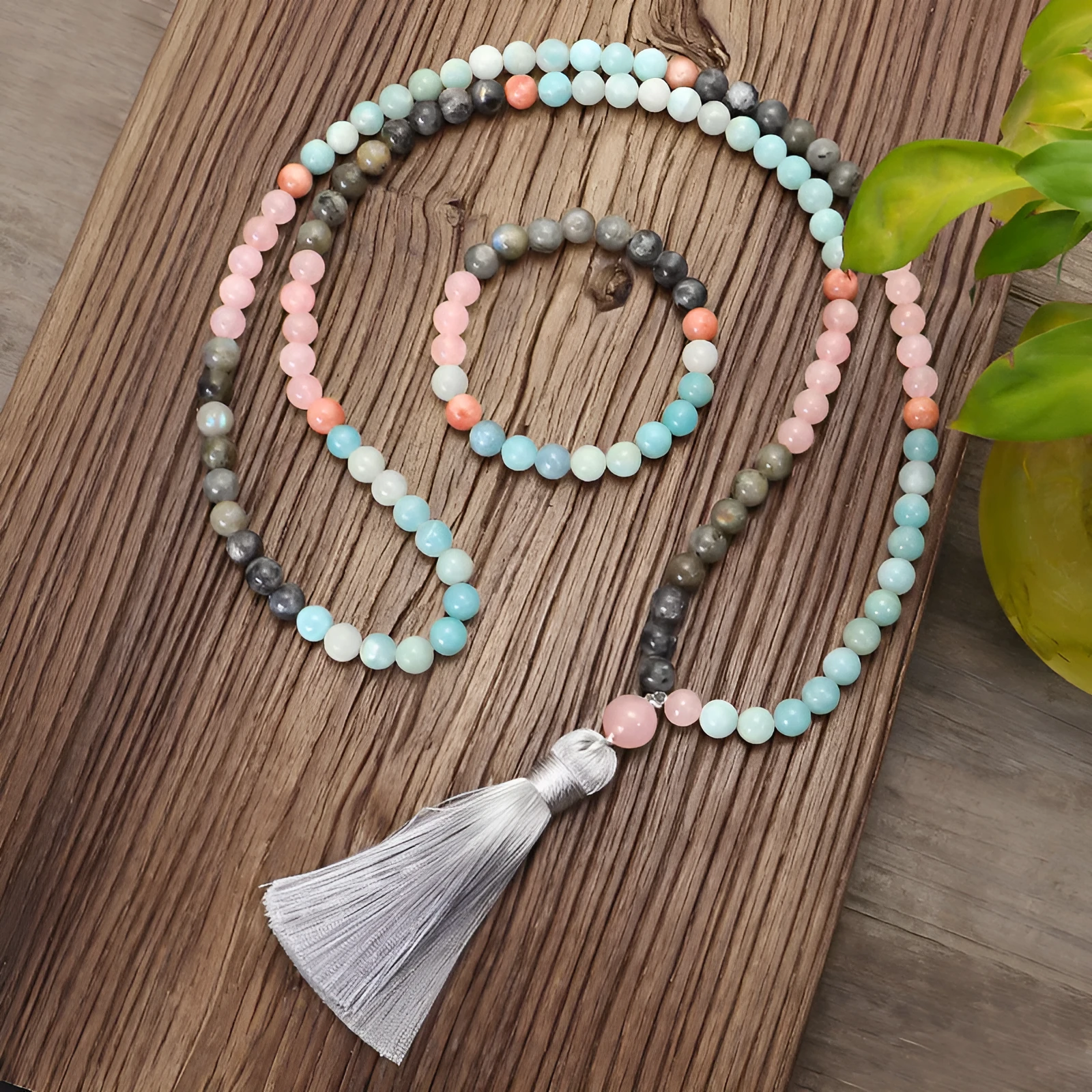 Bohemian style colourful stone bead necklace and bracelet set with tassel pendants