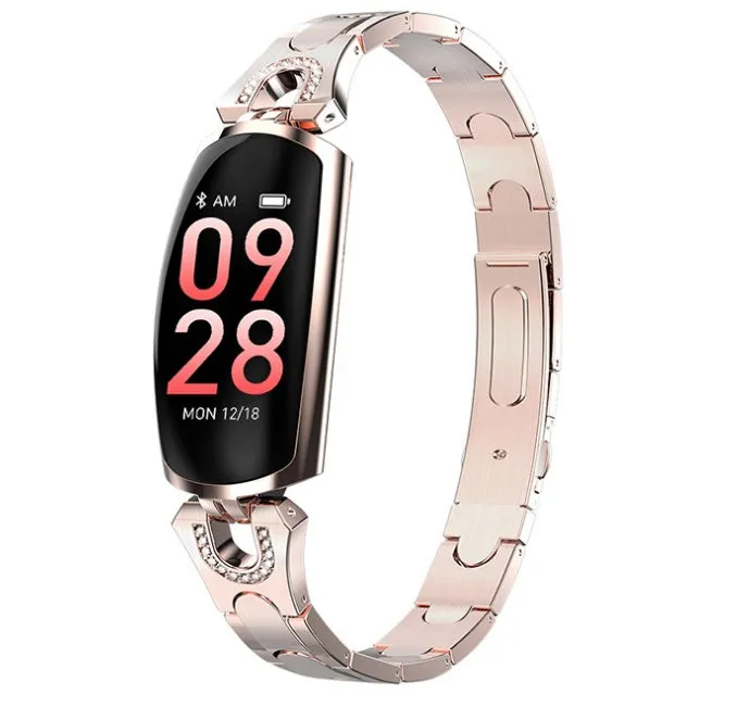 Smart bracelet with 0.96 inch TFT screen showing fitness data, available in Rose Gold, black, and silvery colours, IP67 waterproof design