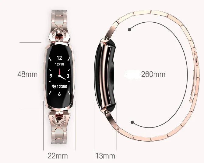 Smart bracelet with 0.96 inch TFT screen showing fitness data, available in Rose Gold, black, and silvery colours, IP67 waterproof design