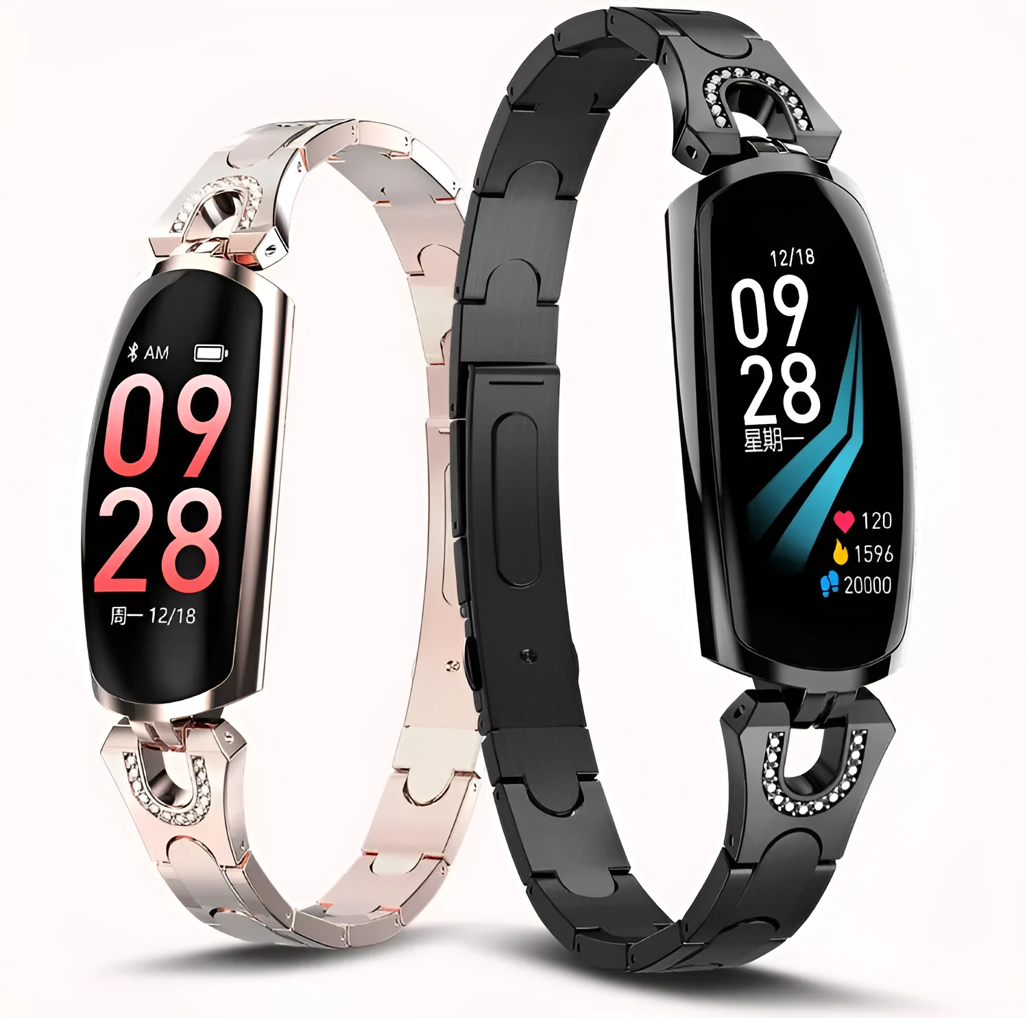 Smart bracelet with 0.96 inch TFT screen showing fitness data, available in Rose Gold, black, and silvery colours, IP67 waterproof design