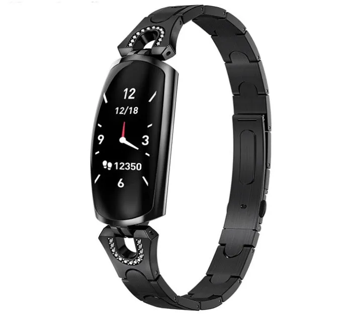 Smart bracelet with 0.96 inch TFT screen showing fitness data, available in Rose Gold, black, and silvery colours, IP67 waterproof design